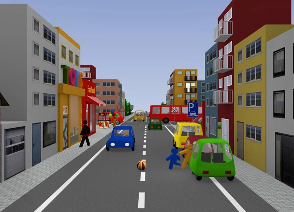 Şehir Manzaralı trafik durumu ile: çocuklar oyun. 3D render