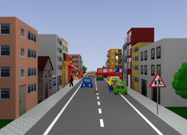 Şehir Manzaralı trafik durumu ile: çocuklar oyun. 3D render