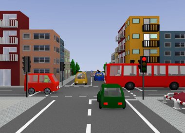 Kırmızı trafik ışığı ile kavşak. 3D render