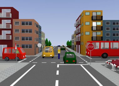 Şehir Manzaralı trafik durumu ile: trafik denetimi bir polis memuru tarafından ücretsiz seyahat. 3D render