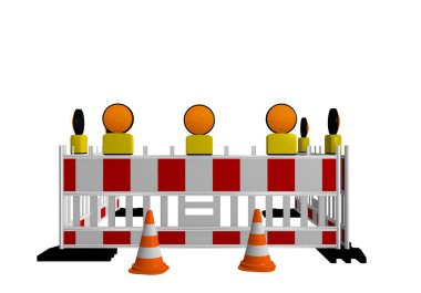 İnşaat alanında uyarı lambaları ve trafik koniler ile kapanma. 3D render