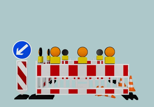 Construction site shut-off with direction signs, warning lights and traffic cones. 3d rendering