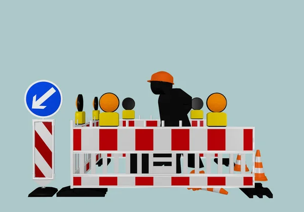 方向標識 警告ランプ 建設労働者建設サイト バリア レンダリング — ストック写真