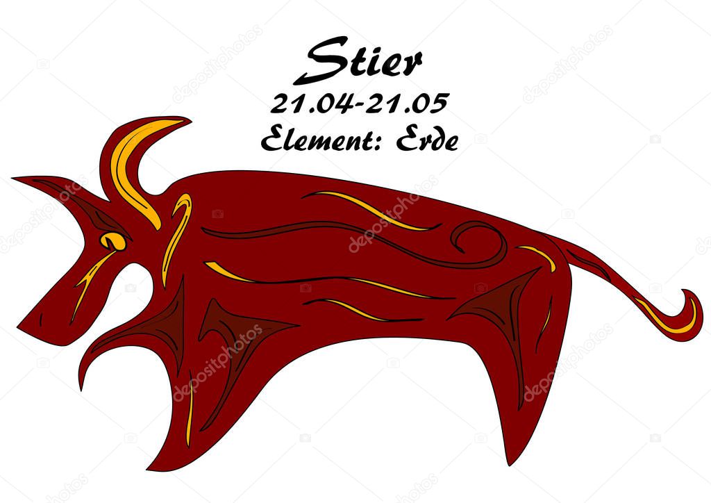 Zodiac bull with german text: bull, date, element: earth, vector graphics eps10