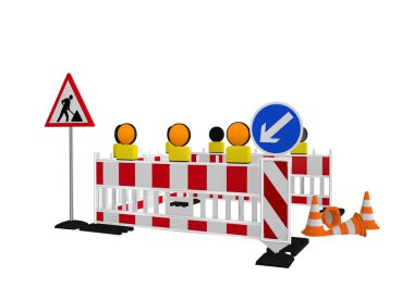 İnşaat site bariyer ile inşaat site tabelasını, yön işareti ve trafik koni. 3D render