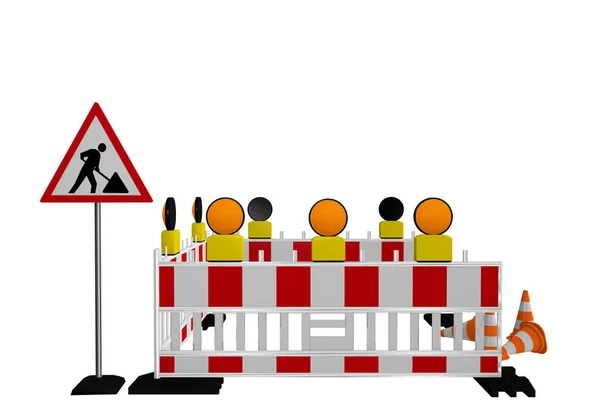Baustellensperrung Mit Baustellenschild Warnleuchten Und Verkehrskegel Darstellung — Stockfoto