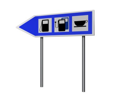 Benzin İstasyonu, şarj istasyonu elektrikli araçlar ve kafe için talimatı ile Otoban işareti. 3D render
