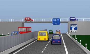 Karayolu ile renkli otomobil ve trafik işaretleri dinlenme alanı ve otoyol kavşağına. Metin dinlenme yeri ve Hannover Doğu Almanca çapraz. 3D render