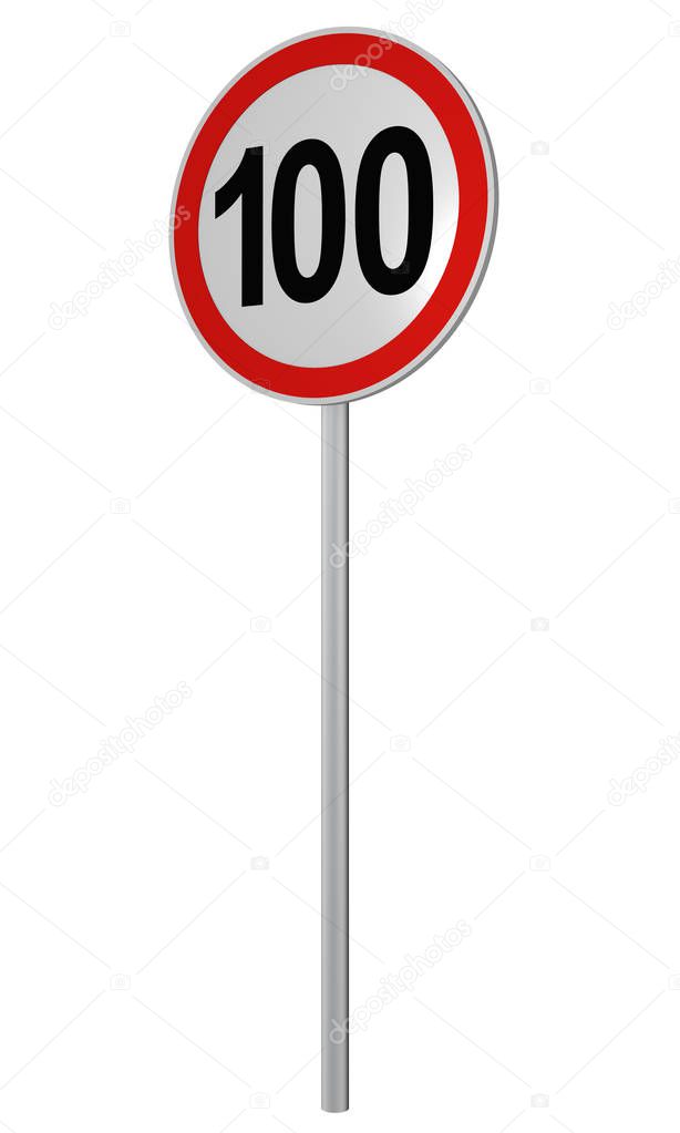 German traffic sign: speed limit 100 km / h, isolated on white, 3d rendering
