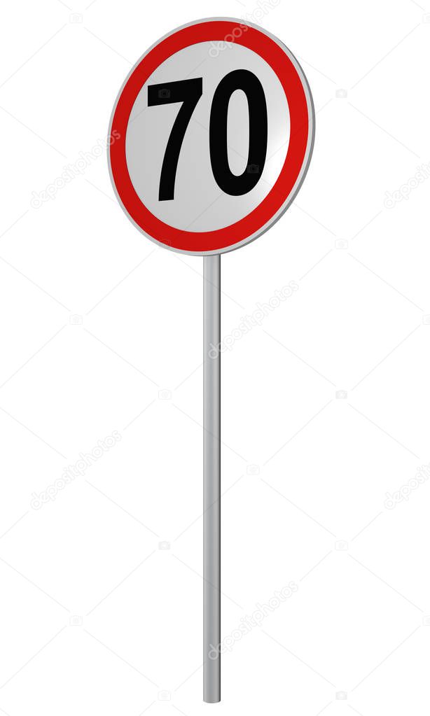 German traffic sign: speed limit 70 km / h, isolated on white, 3d rendering