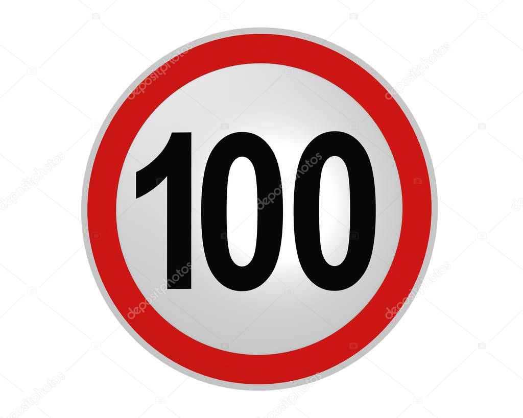 German traffic sign: speed limit 100 km / h, front view, 2d rendering
