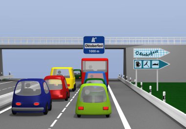 Karayolu ile renkli otomobil ve sokak işaretleri. Almanca metin Münih bira festivali. 3D render