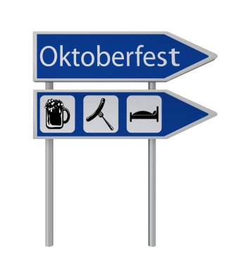 Ok işareti ile Münih bira festivali Almanca metin sembolleri bira, bratwurst ve yatak ve ok işaretiyle. 3D render