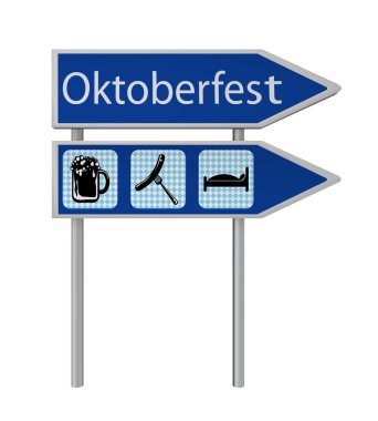Ok işareti ile semboller bira, bratwurst ve mavi-beyaz onay desen ve ok işareti Münih bira festivali Almanca metinle yatakta. 3D render