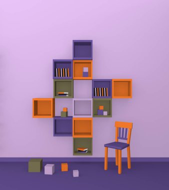 Modern yaşam: raf küpler açık görünümden moda renklerde. 3D render