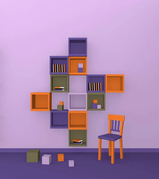 Modern yaşam: raf küpler açık görünümden moda renklerde. 3D render