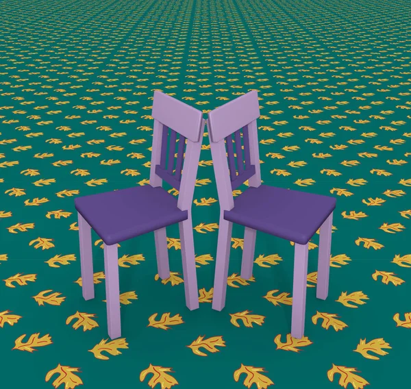 Purple chairs on an endless floor with leaf pattern. 3d rendering