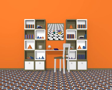 Zeytin Yeşil-beyaz, güçlü duvar boyası ile duvar ünitesi. Önden görünüm, 3d render