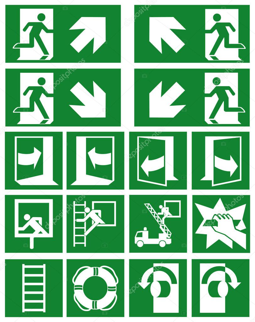 Collection of current escape signs (escape routes) according to ASR (A1.3) / ISO Eps 10 vector file