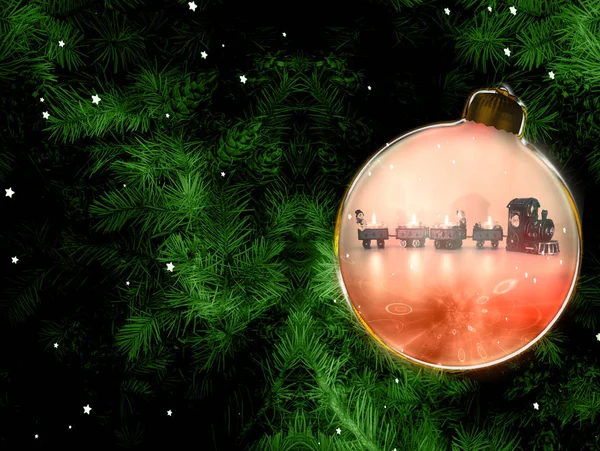 Sfondo Natalizio Con Rami Abete Palla Natale Con Treno Natale — Foto Stock