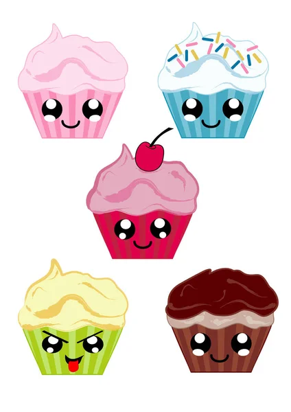 Collectie Met Kawaii Cupcakes Vector Bestand Eps — Stockvector