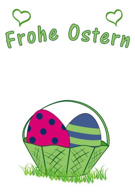 Paskalya kartı ile Paskalya yumurtaları ve metin mutlu Paskalya Paskalya sepetle. Vektör dosyası Eps 10. Metin ile mutlu Paskalya Almanca