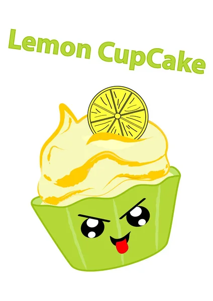 Citron Cupcake Med Uppnosig Ansikte Kawaii Stil Vektorbild Eps — Stock vektor