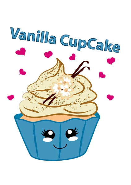 Vanilla Cupcake Med Söta Ansikte Kawaii Stil Vektorbild Eps — Stock vektor