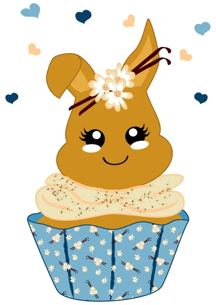 Lindo Cupcake Vainilla Con Conejito Estilo Kawaii Archivo Vectorial Eps — Archivo Imágenes Vectoriales