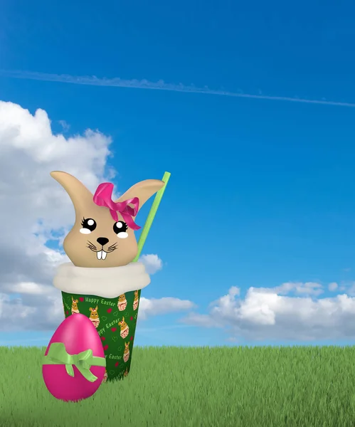 3d cute Kawaii easter kelinci dalam milkshake di padang rumput hijau — Stok Foto