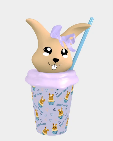 Söt 3d kawaii bunny i milkshake isolerad på vit. — Stockfoto
