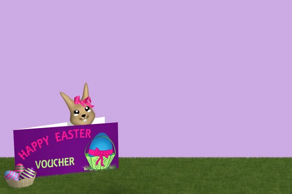 Kartu hadiah dengan easter bunny dan keranjang easter di padang rumput hijau dengan latar belakang ungu — Stok Foto