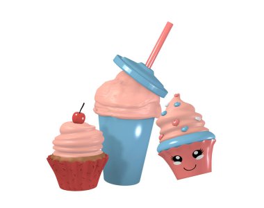 3d Kawaii cupcake, milkshake ve kiraz cupcake.