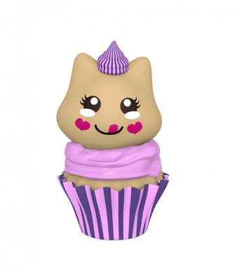 kawaii tarzında kedi yavrusu ile mor cupcake. 