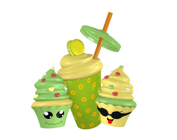 Citron milkshake med roliga kawaii cupcakes. — Stockfoto