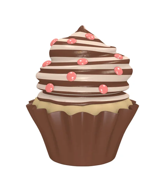 Schokoladen-Cupcake mit gestreiftem Sahnebelag und roten Smarties. — Stockfoto