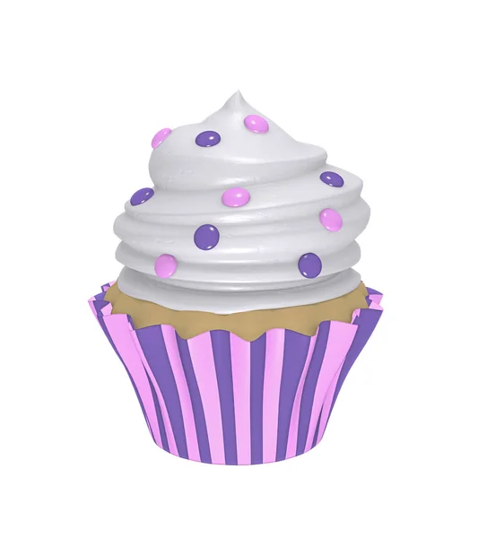 Delicioso cupcake en moldes a rayas de color púrpura-rosa con cobertura de crema — Foto de Stock