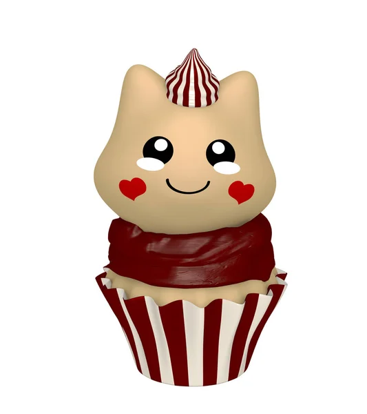 Chocolate cupcake with kitty in kawaii style.