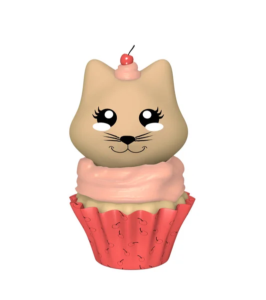 Cupcake cerise avec chaton dans le style kawaii . — Photo