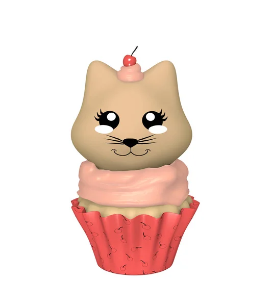 Cherry cupcake with kitty in kawaii style.