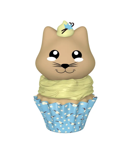 Vanilla cupcake with kitty in kawaii style. — Stock Photo, Image