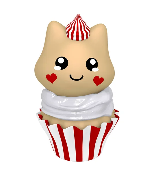 Cupcake rosso e bianco con gattino in stile kawaii . — Foto Stock