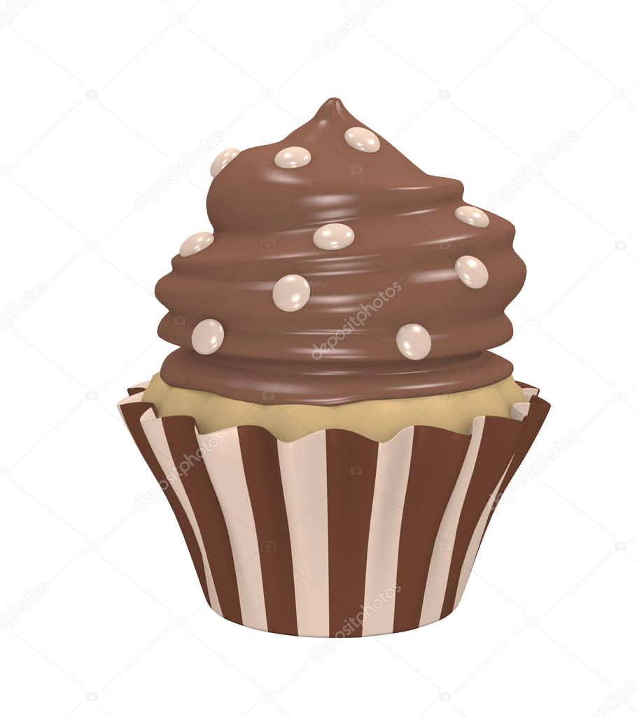 Chocolate cupcake in a striped tin with chocolate cream and smarties