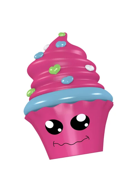 Grappig, roze 3D kawaii Cupcake. — Stockfoto