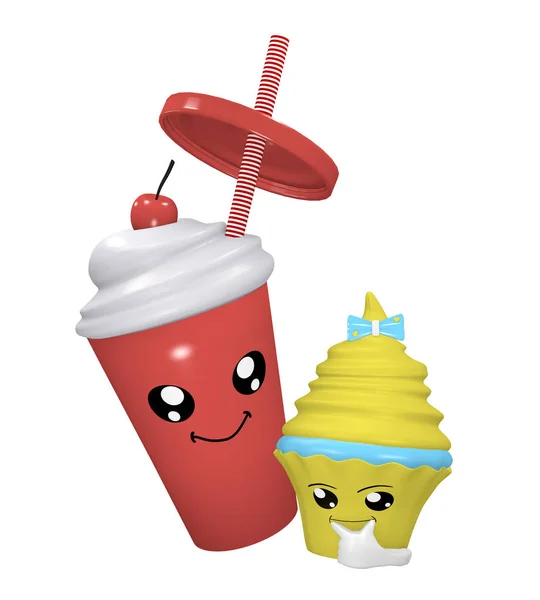 Kawaii körsbär milkshake med leende ansikte och tänkande cupcake. — Stockfoto