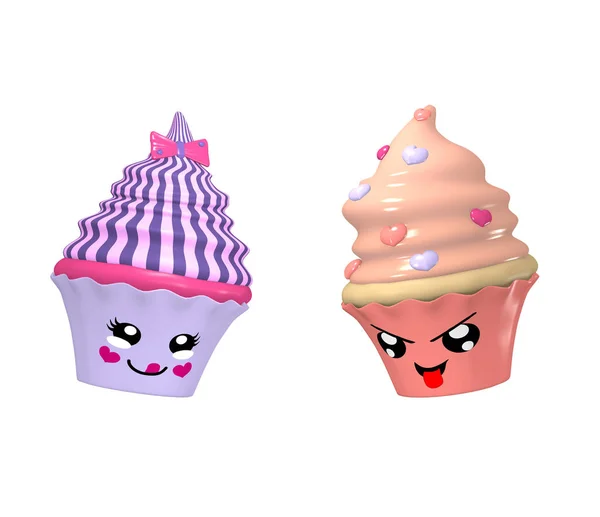 Twee schattige kawaii personages als cupcakes geïsoleerd op wit. — Stockfoto