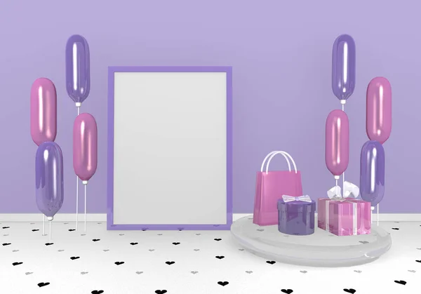 Fondos de pantalla con regalos y globos en púrpura y rosa . — Foto de Stock