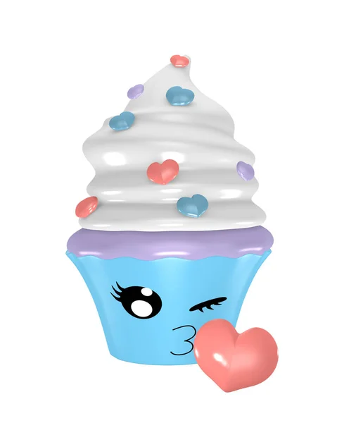 Cute cupcake emoticon in kawaii style with kiss mouth. — Stock Photo, Image