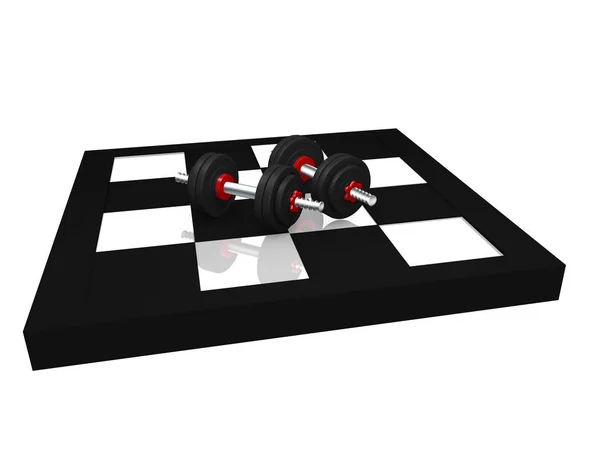 Two miniature dumbbells on a chessboard. — Stock Photo, Image