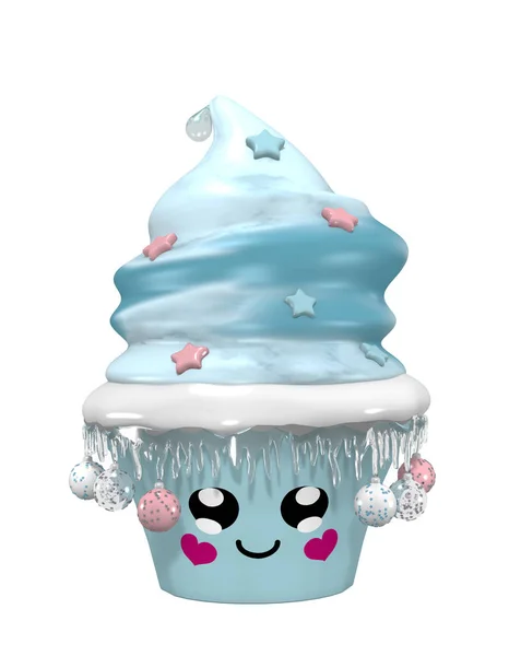 Bonito cupcake azul com bolas de árvore de natal, icicles e rosto sorridente — Fotografia de Stock
